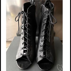 Black Leather Lace up Ankle Boots with Peep Toe